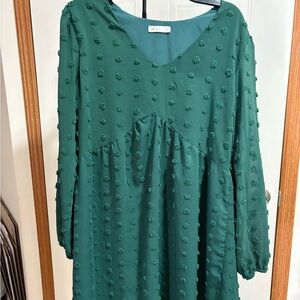 Women's Green Textured Long-Sleeve Dress